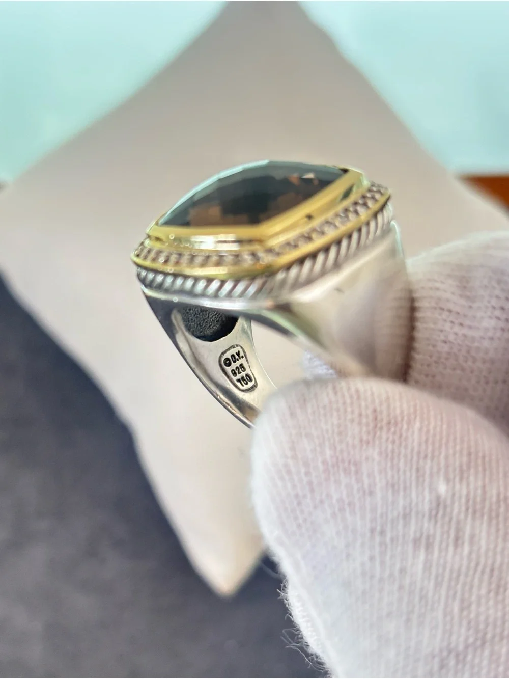 David Yurman 925 & 18k Gold 14mm Albion Ring with Smoky Quartz & Diamonds 7
